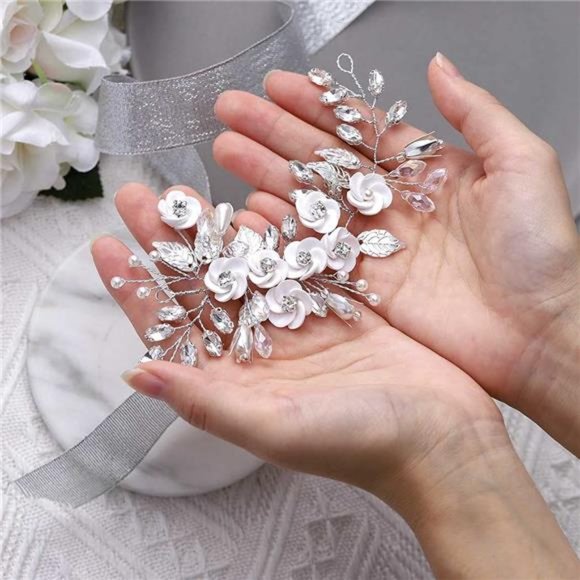 Latious Silver Flower Bride Hair Vine Crystal Bridal Hair Piece Rhinestone main image 6